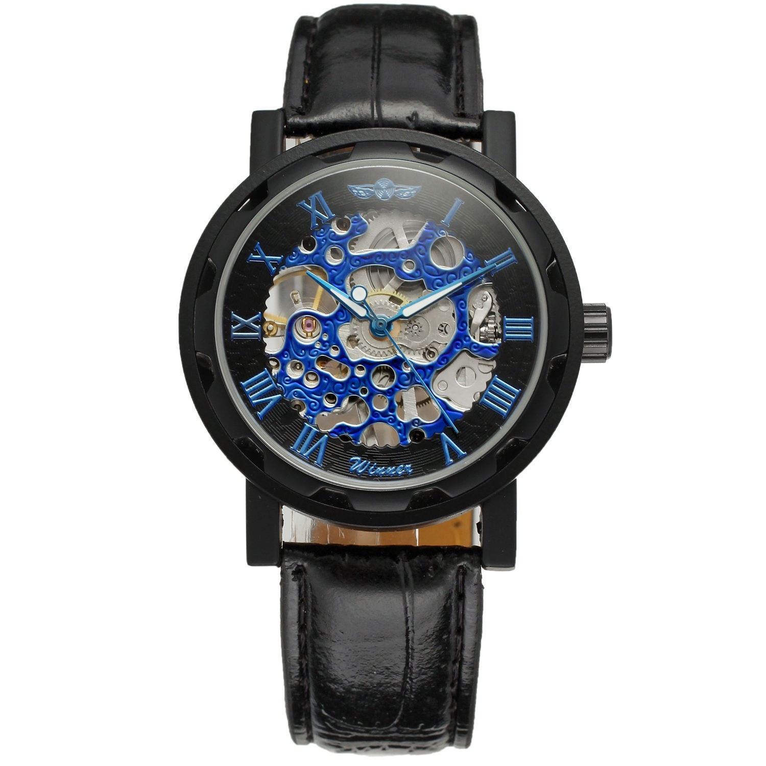 Boîtier noir, mouvement bleu, chiffres romains bleus