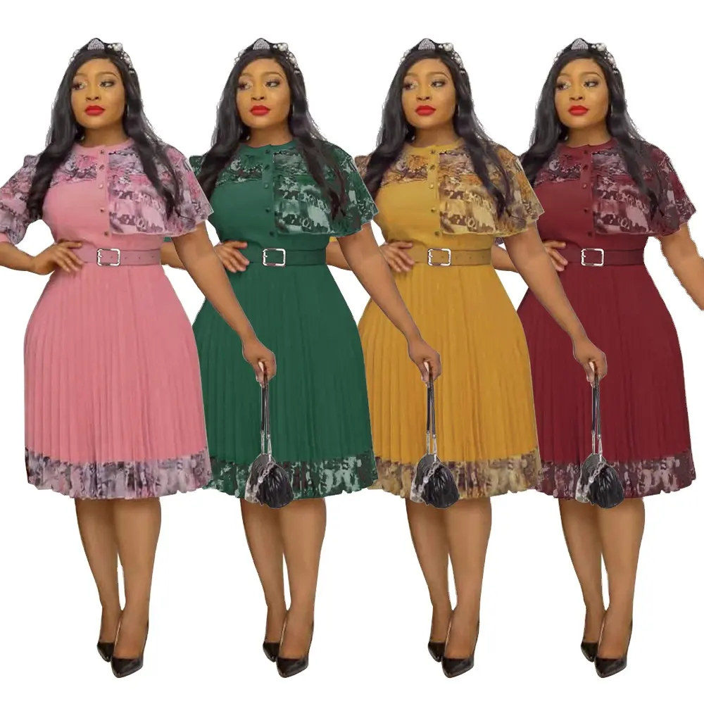 2023 African Print lace Dress Turkey Design plus size Contrast Pleated Dress Women's Fashion Office Type Skirt