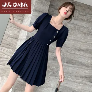 Droma 스팟 낮은 가격 2021 여름 새로운 한국어 스타일 우아한 스퀘어 칼라 드레스 높은 허리 블랙 pleated 드레스