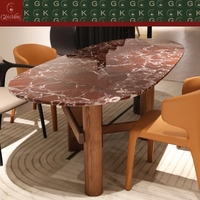 Table à manger moderne GOLDKING en marbre rouge Rosso Levanto avec pieds en bois massif et support en X, fabrication directe d'usine OEM ODM
