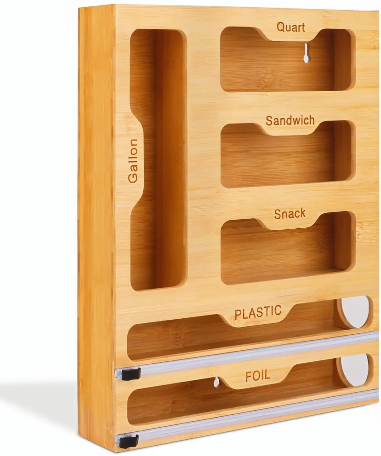 대나무 커팅 박스 주방 집착 가방 주최자 서랍 교수형 벽 집착 필름 커터 식품 가방 정렬 상자