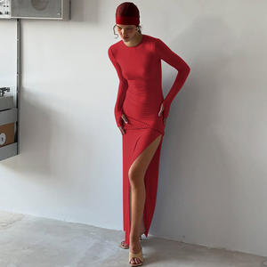 Women's Casual Summer <b>Dress</b> Hot New Solid Color Slim <b>Long</b> Sleeve Waist Stitching Natural Kink Split - Product Image 3