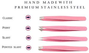 4 Piece Professional Stainless Steel Tweezers Set Eyebrow Tweezers Slant Tip Pointed and Straight in NEW Pink Glitter Color - Product Image 6
