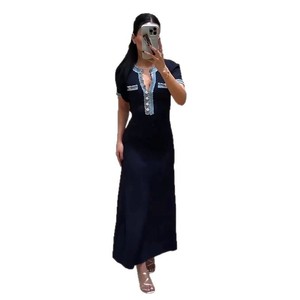 Nouvelle robe longue en denim mince pour femmes, coutures à simple boutonnage, décoration pailletée, taille naturelle lavable - Product Image 1