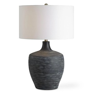 Dark Gray Ribbed Distressed Ceramic Urn Modern Rustic Table Lamp | Organic Neutral Lighting for Hotel Cafe & Open Office Area - Product Image 1