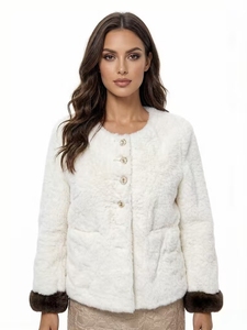 <span class=keywords><strong>Abrigo</strong></span> Grueso Ecológico para Mujer, con Cuello Redondo, <span class=keywords><strong>de</strong></span> Piel Sintética, con Puños Oscuros en Contraste, Botones y Felpa Suave - Product Image 1