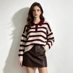 Women's Striped Polo Neck Sweater Wool Blend Casual Knit Pullover, Vintage <strong>Red</strong> Beige <strong>Jumper</strong>, Long Sleeve Loose Top for Winter - Product Image 1