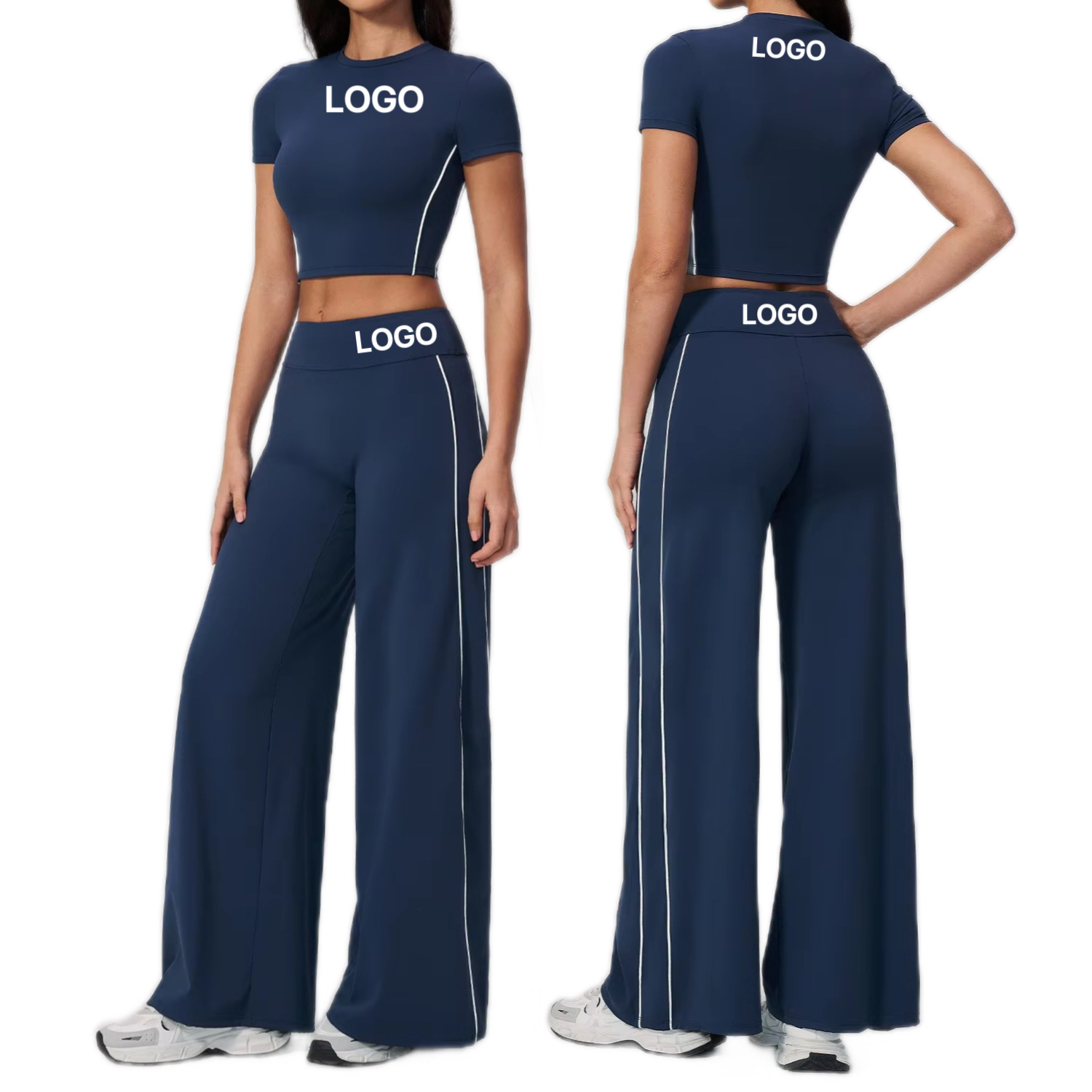 Wholesale Women Summer Yoga Set 2-Piece Short Sleeve Top Wide Leg Pants Running Fitness Quick Dry Sports Casual Activewear