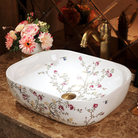 Lavabo en céramique peint à la main en porcelaine Famille Rose de Chine avec motifs floraux et oiseaux