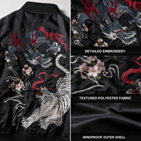 Blouson Bomber Unisexe Noir Brodé Dragon Tigre Coupe-Vent Hiver Col Montant Zippé Streetwear Style Aviateur Personnalisé OEM ODM Vente en Gros