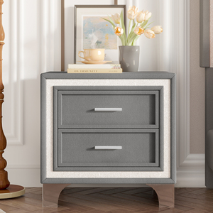 Mid Century Vintage Nightstand With Silver Glitter Strip Metal Legs Velvet <b>Bedside</b> Table 2 Drawers <b>Storage</b> Drawer - Product Image 6