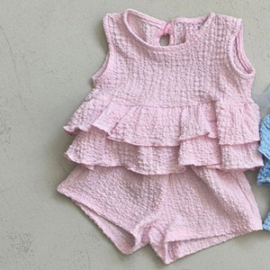 Rosa e <span class=keywords><strong>blu</strong></span> bicolore torta estiva senza maniche Top + Shorts Set completo da ragazza in tinta unita - Product Image 4