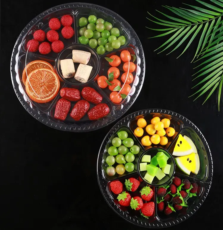 6 칸 일회용 PET 플라스틱 과일 샐러드 상자 원형 테이크 아웃 식품 포장 상자 뚜껑 식품 스낵 용기