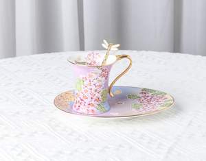 Tasse et soucoupe en émail de haute qualité avec cuillère, rose, design moderne et épuré, motif floral et oiseaux pastoral américain, pour café/thé - Product Image 6
