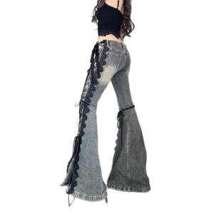 <span class=keywords><strong>Jean</strong></span> en denim évasé taille mi-haute style rétro américain grande taille avec bande de dentelle et fente, coupe amincissante et élégante pour femme, longueur cheville - Product Image 5