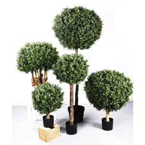 Tanaman buatan bola kayu kotak imitasi 24 inci pohon simulasi pinus palsu dekorasi dalam ruangan luar ruangan pot artifisial tanaman artifisial