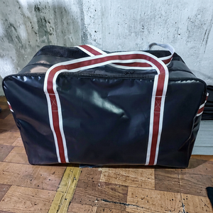 Large Capacity Black PU Duffel Bag With Red <b>White</b> Stripes Zipper Closure Mesh Lining Travel Weekender Style - Product Image 1