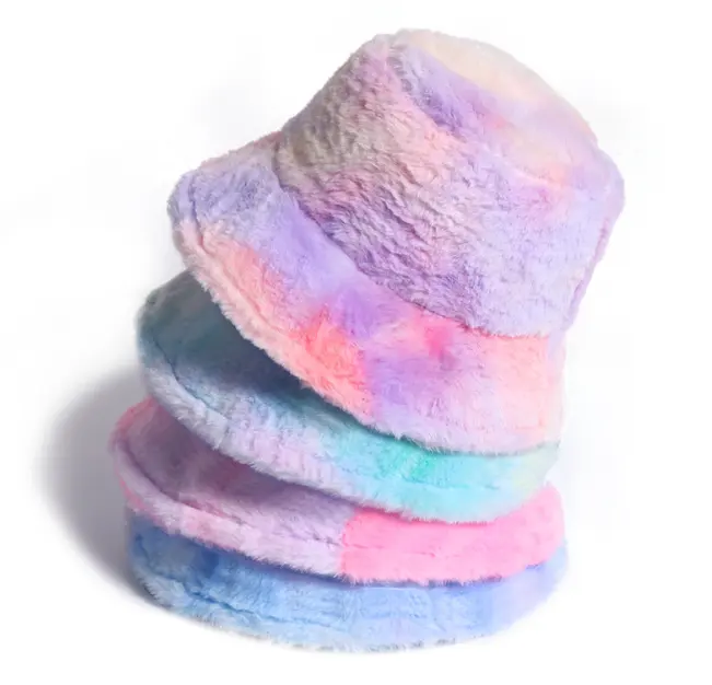 Tie-dyed cute girl rainbow fur bucket hat winter Korean fashion warm basin hat