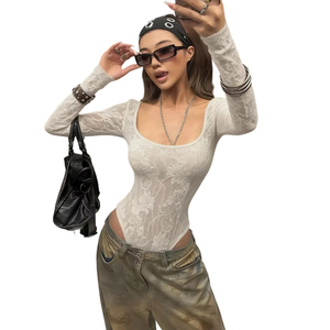 เสื้อสเวตเชิ้ตผู้หญิงแฟชั่นสไตล์คลับ ผ้าซีทรูเนื้อแน่น แต่งลูกไม้ลายดอกไม้ แขนยาว เซ็กซี่ ทรงเข้ารูป ผ้ายืดสแปนเด็กซ์/โพลีเอสเตอร์ เหมาะสำหรับฤดูร้อน - Product Image 1