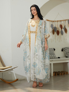 <span class=keywords><strong>Elegante</strong></span> marocchino Abaya oro in rilievo decorazione floreale traspirante due pezzi Set <span class=keywords><strong>caftano</strong></span> per l'estate per Eid primavera autunno medio - Product Image 6