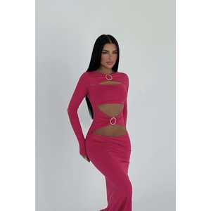 ชุดราตรีสีชมพูฟูเชียทรงเอไลน์ คอวีประดับลูกปัด แต่งแหวน  ไซส์ XL สำหรับคนท้อง ผ้าทอ ยาวคลุมเท้า เรียบง่าย - Product Image 2