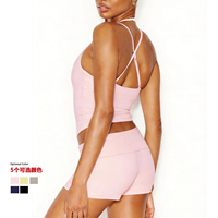 Ensemble de yoga grande taille : débardeur dos nu à double bretelle et short color-block à revers avec logo frontal extensible dans quatre directions