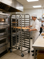 Chariot de cuisine professionnel en acier inoxydable avec plusieurs étagères de rangement et construction robuste