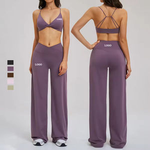 Custom Sustainable Recyclable High Stretchy Twist Front Halter Sports Bra Wide Leg Yoga Pants <b>V</b> Shape <b>Waist</b> Workout <b>Leggings</b> Set - Product Image 1