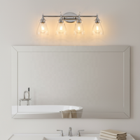 Miroir mural de salle de bain avec éclairage LED à 4 lumières en verre transparent de 27 pouces, ampoule E26, style moderne, finition chromée, éclairage de vanité de luxe
