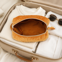 Pochette à rayures verticales en velours matelassé, sac à maquillage en peluche, organiseur de cosmétiques, trousse de toilette de voyage douce avec fermeture éclair