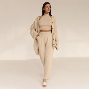 Custom <strong>Jumper</strong> 3 Piece Knitted Cashmere Set Sweater <strong>Sexy</strong> High Neck Vest Long Pant Cardigan Knitwear Plus Size <strong>Women</strong> Sweater Set - Product Image 1
