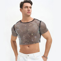 T-shirt court en résille orné de strass, manches courtes ajourées, transparent, pour homme
