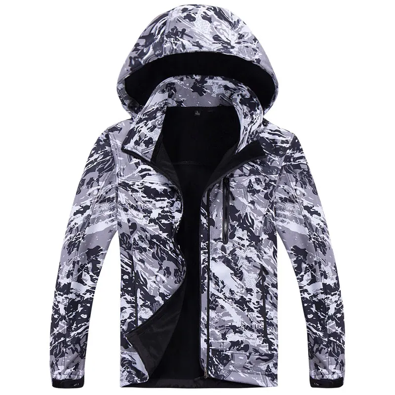 New Camouflage Waterproof Soft Shell Jacket Zipper Closure Removable Hood Inside Polyester Lining High Quality Snow Jacket