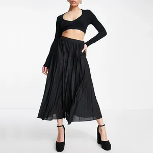 Новые модные длинные плиссированные юбки с завышенной талией для женщин однотонные черные женские юбки элегантная женская длинная юбка