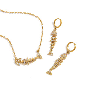 Ensemble collier et boucles d'oreilles en acier inoxydable motif arêtes de poisson, bijoux de fête pour femme, design micro-incrusté vie marine - Product Image 5