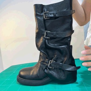 Vente en gros d'usine bottes slouch <span class=keywords><strong>vintage</strong></span> pour femmes bottes mi-mollet à jambe large de style occidental en cuir PU noir bottes au genou pour femmes - Product Image 3