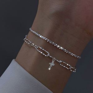 Pulsera Ajustable de Gypsophila de Dos Piezas para Mujer, Plata Brillante, Diseño Exclusivo, Doble Capa Apilada, Joyería al por Mayor - Product Image 1