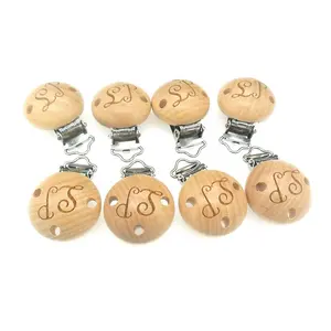 Custom Logo Natural Beech Wood Stainless Steel Pacifier Clips Dummy Clip Wood Pacifier Clip
