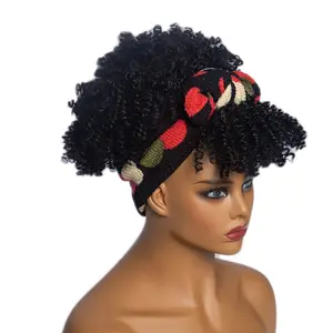 Großhandel Kurze Afro Verworrene Lockige Stirnband Perücke mit Pony Schwarz Synthetische Haar Perücken für Schwarze Frauen Natürlich Aussehende Täglichen Party