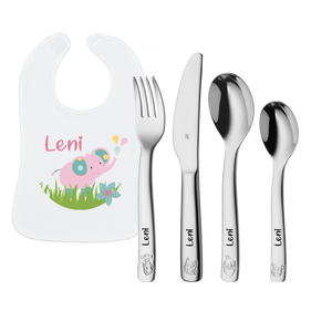 WMF Couverts Enfant Farm avec Gravure + Bavoir avec Nom Éléphant Rose - Product Image 1