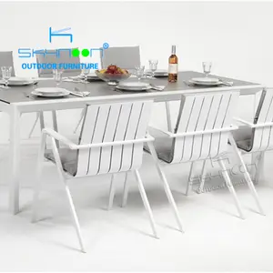 Yüksek kaliteli otel beyaz yemek takımları için bahçe alüminyum metal sandalye veranda dikdörtgen masa 6 koltuklu veranda yemek takımları (31013)