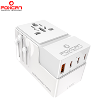 Foxcan adaptor daya Travel Universal portabel, pengisi daya pintar 4 USB dengan PD QC3.0 140W, pengisian daya seluruh dunia untuk 4 perangkat