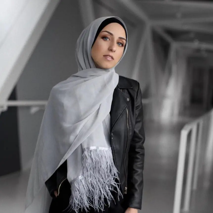 Fashion customize plain chiffon hijab with feather design scarves america popular solid color scarfs chiffon design
