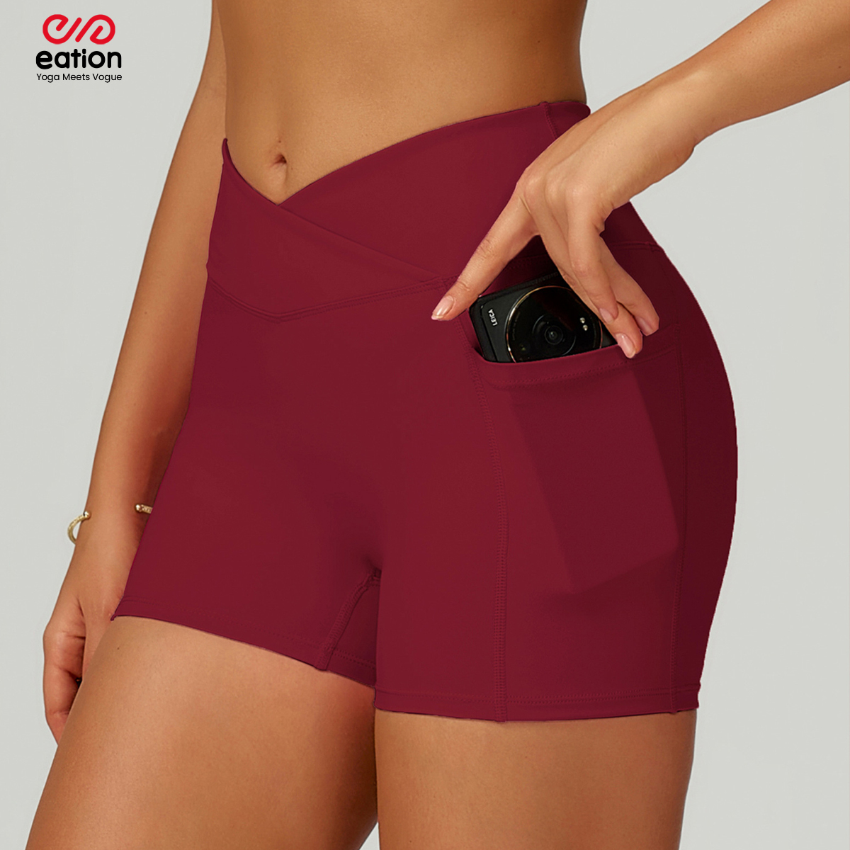 Women Crossover Waist Biker Shorts Side Pockets High Waisted Yoga Shorts Naked Feel Butt Lift Nylon Spandex Gym Fitness Shorts