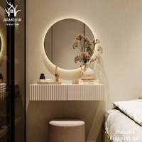 Meuble-lavabo mural moderne en chêne avec miroir LED arqué, 2 tiroirs et tabouret en velours – Ensemble de mobilier de chambre