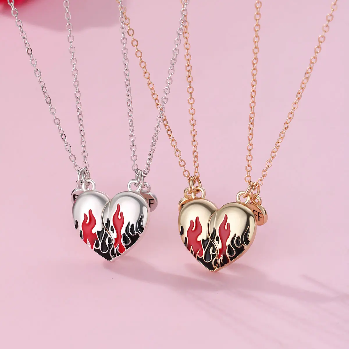 Stitching Heart Puzzle Magnetic Necklace Set for Men Women Flame Pattern Puzzle Heart Attract Each Necklace for Him Her