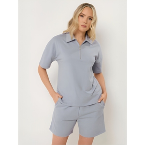 Conjunto de Top Polo de Manga Corta Tejido Azul Claro para Mujer con Pantalones Cortos, Cuello Camisero y Cierre de Cremallera, Estilo Casual - Product Image 1