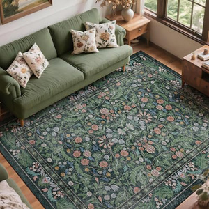 Tapis de luxe imitation cachemire rectangulaire, motif plantes et fleurs, teinture à l'encre beige, feuilles de verre, tapis de salon - Product Image 1