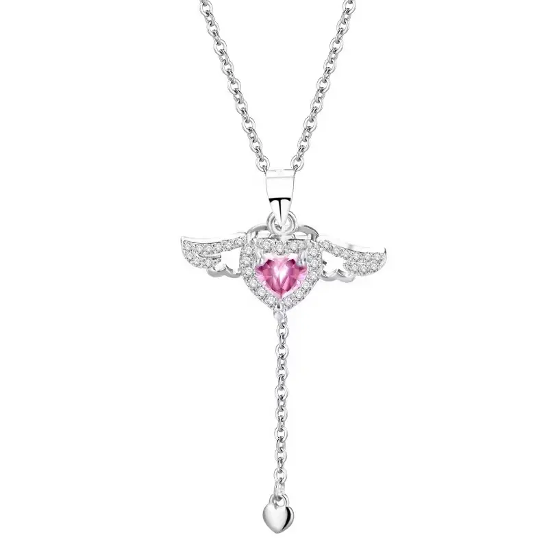 Neue S925 Silber Cupid Heart Pink Zirkon Halskette Frauen werden Engels flügel Anhänger Halskette bewegen