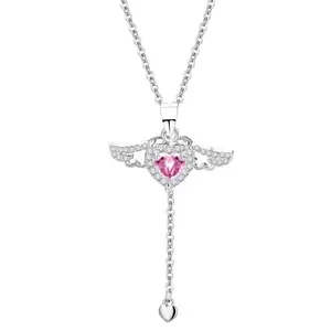 New S925 Silver Cupid Heart Pink Zircon Necklace Women will move angel wings pendant necklace